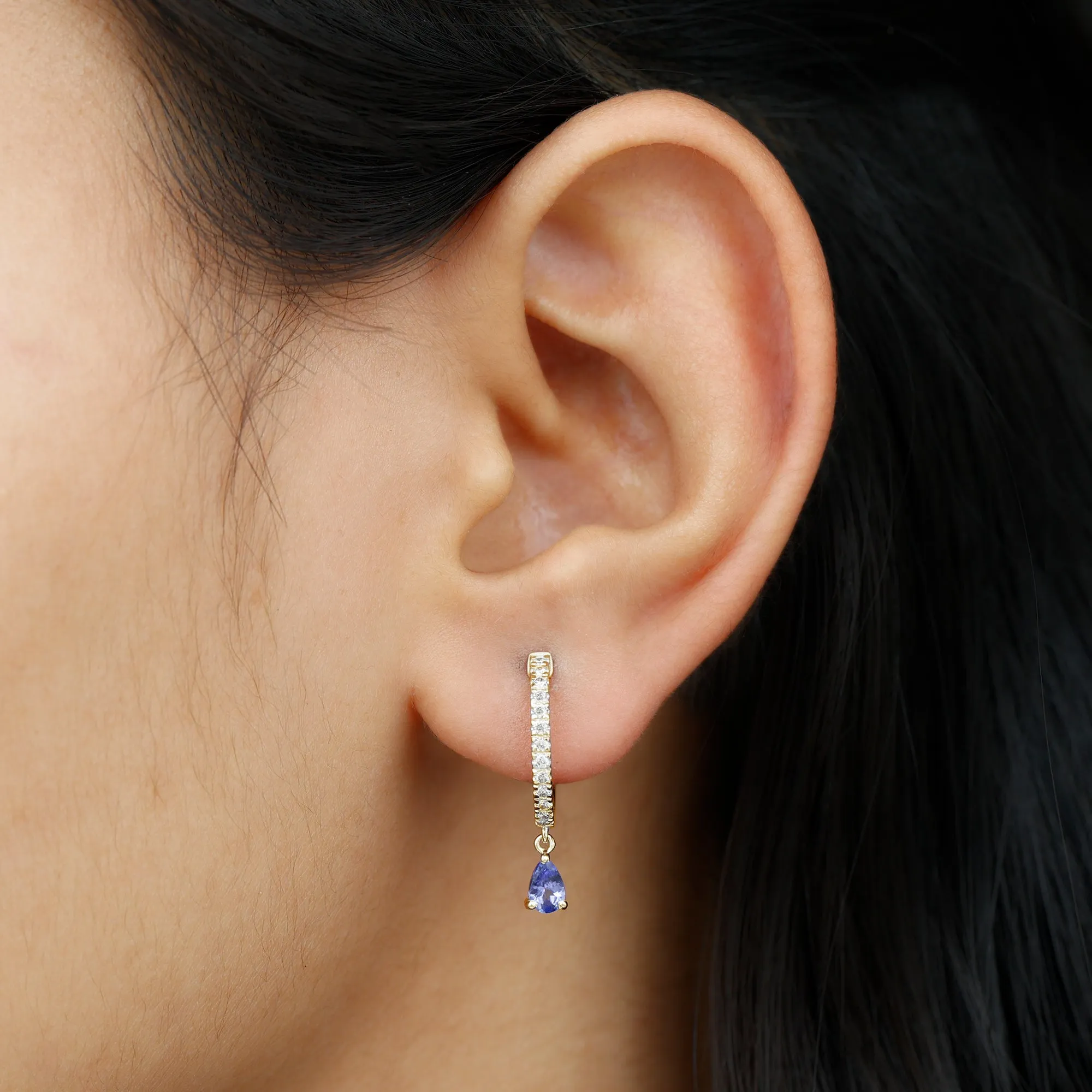 1 CT Blue Tanzanite Teardrop Hoop Earrings with Diamond Accent