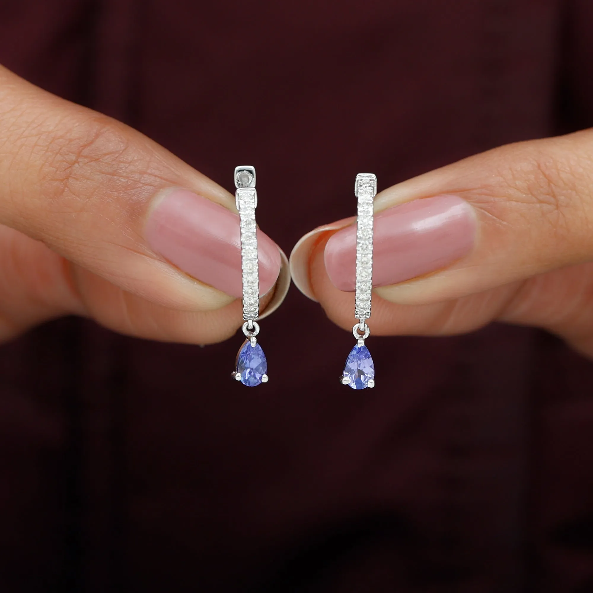 1 CT Blue Tanzanite Teardrop Hoop Earrings with Diamond Accent