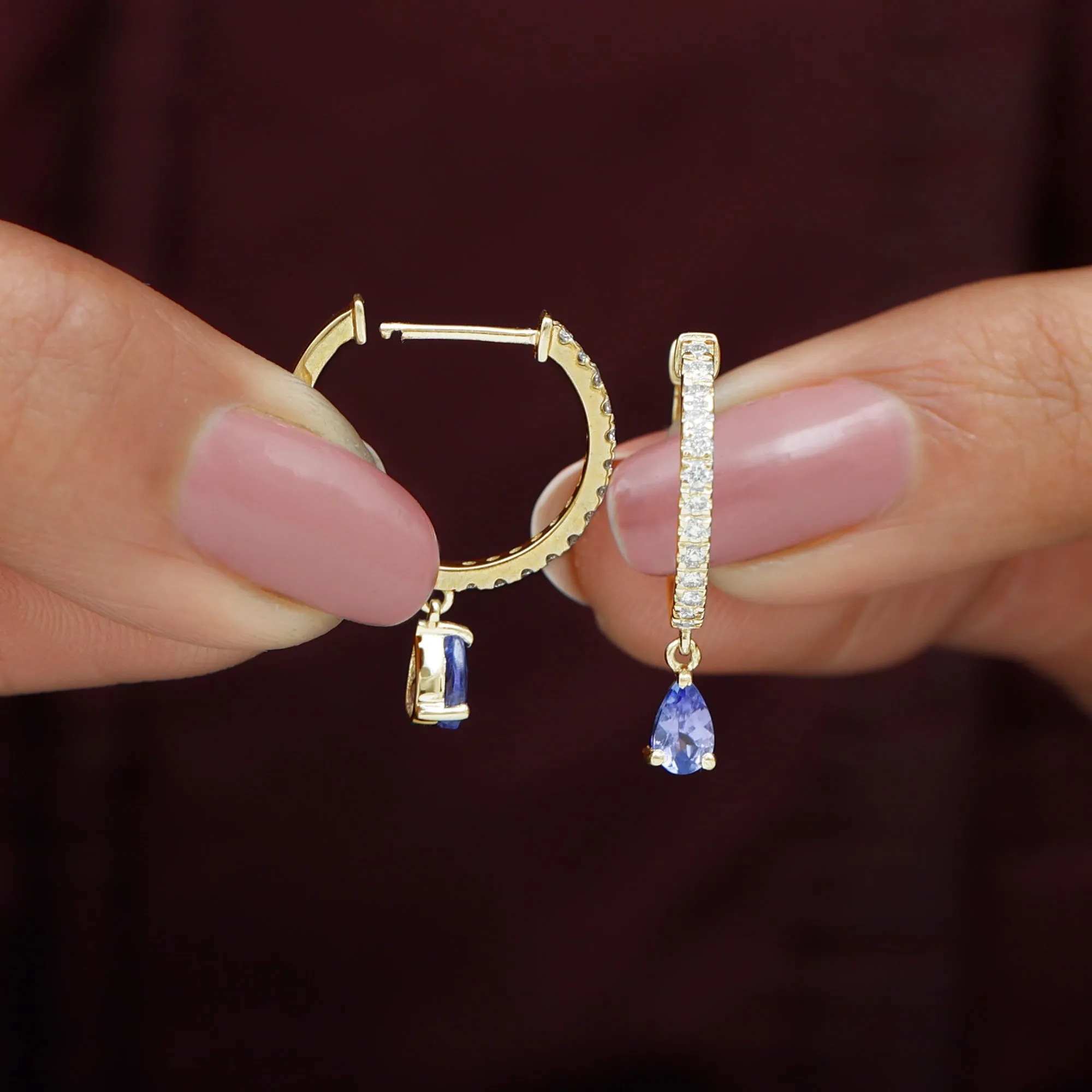 1 CT Blue Tanzanite Teardrop Hoop Earrings with Diamond Accent