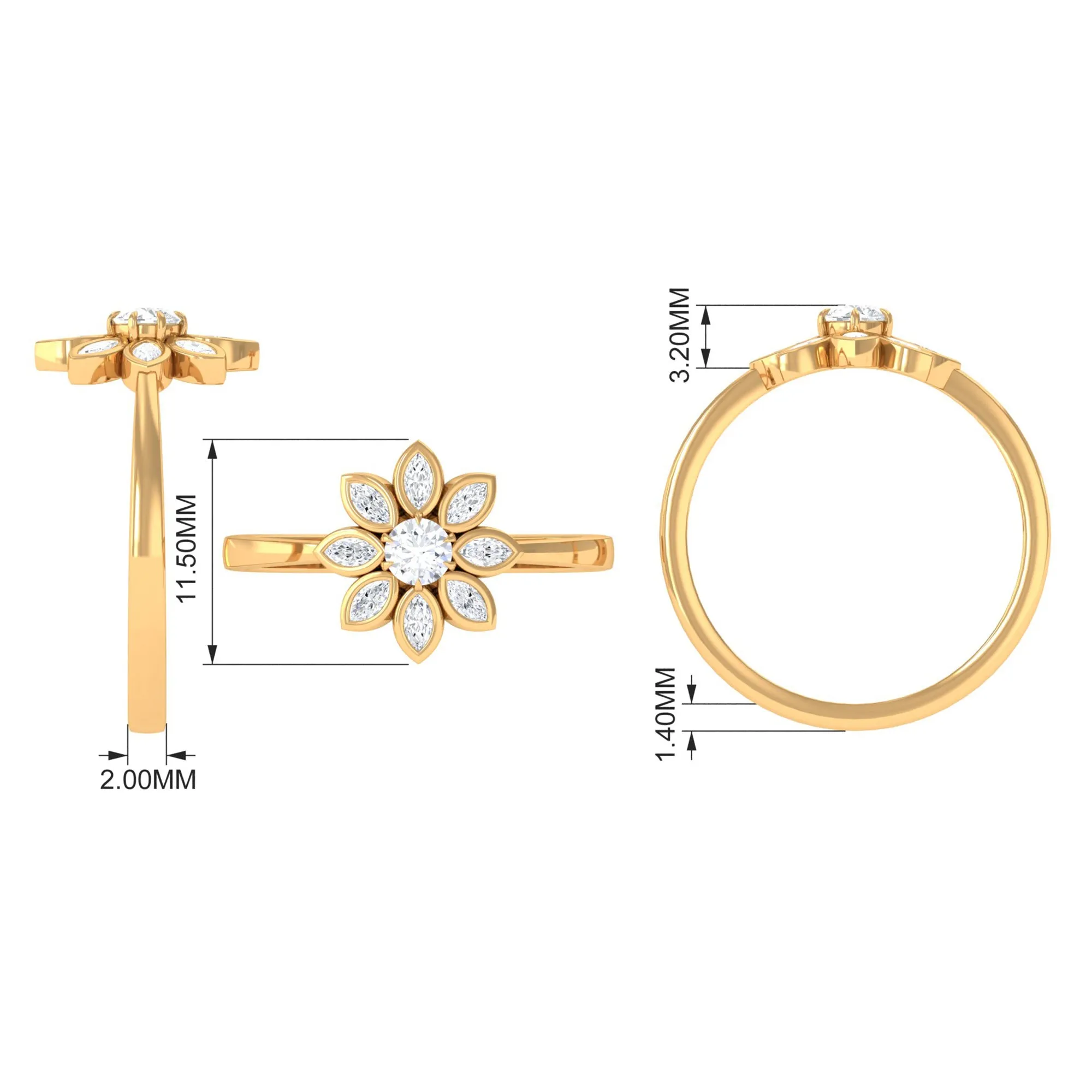 1/2 CT Simulated Diamond Elegant Flower Ring in Gold