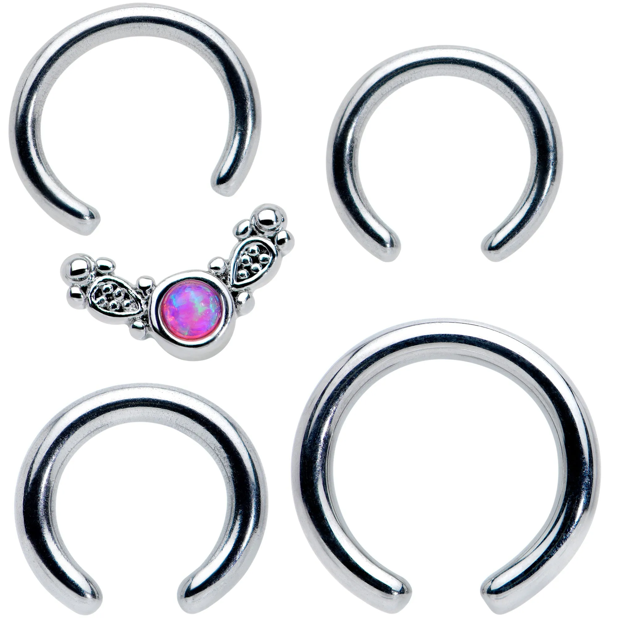 14 16 Gauge 1/4 5/16 Pink Synthetic Opal Ornate Captive Ring Set of 4