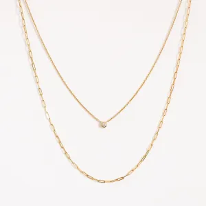 14K Diamond Solitaire   Dainty Paper Clip Necklace Bundle