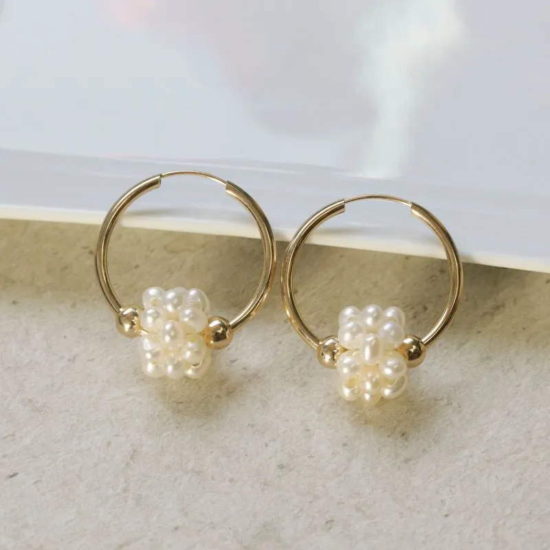 14K Gold Hoop Earrings with Pearl Beads