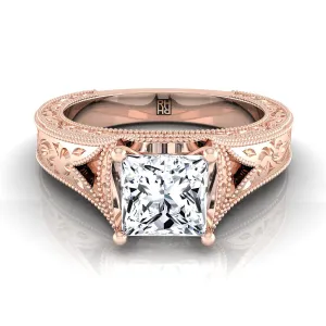 14K Rose Gold Princess Cut  Hand Engraved and Milgrain Vintage Solitaire Engagement Ring