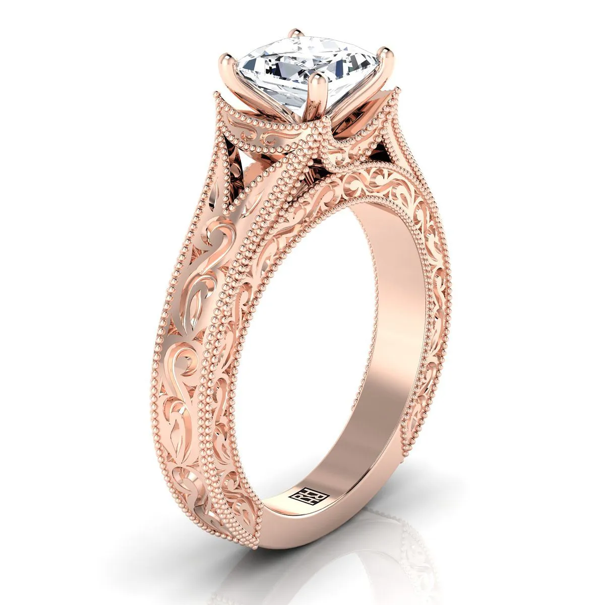 14K Rose Gold Princess Cut  Hand Engraved and Milgrain Vintage Solitaire Engagement Ring