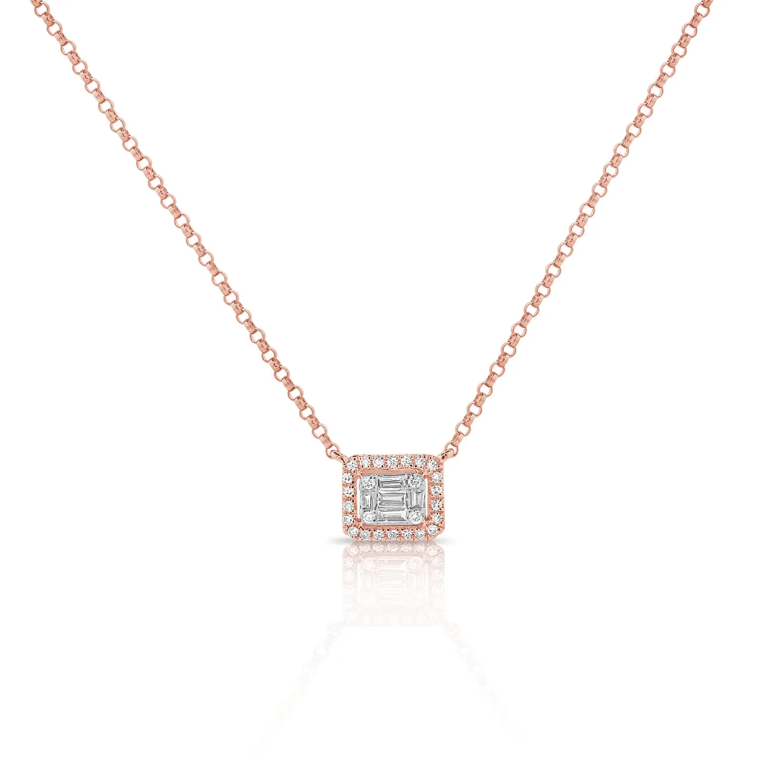 14K Rose Gold Round Baguette Cluster Necklace