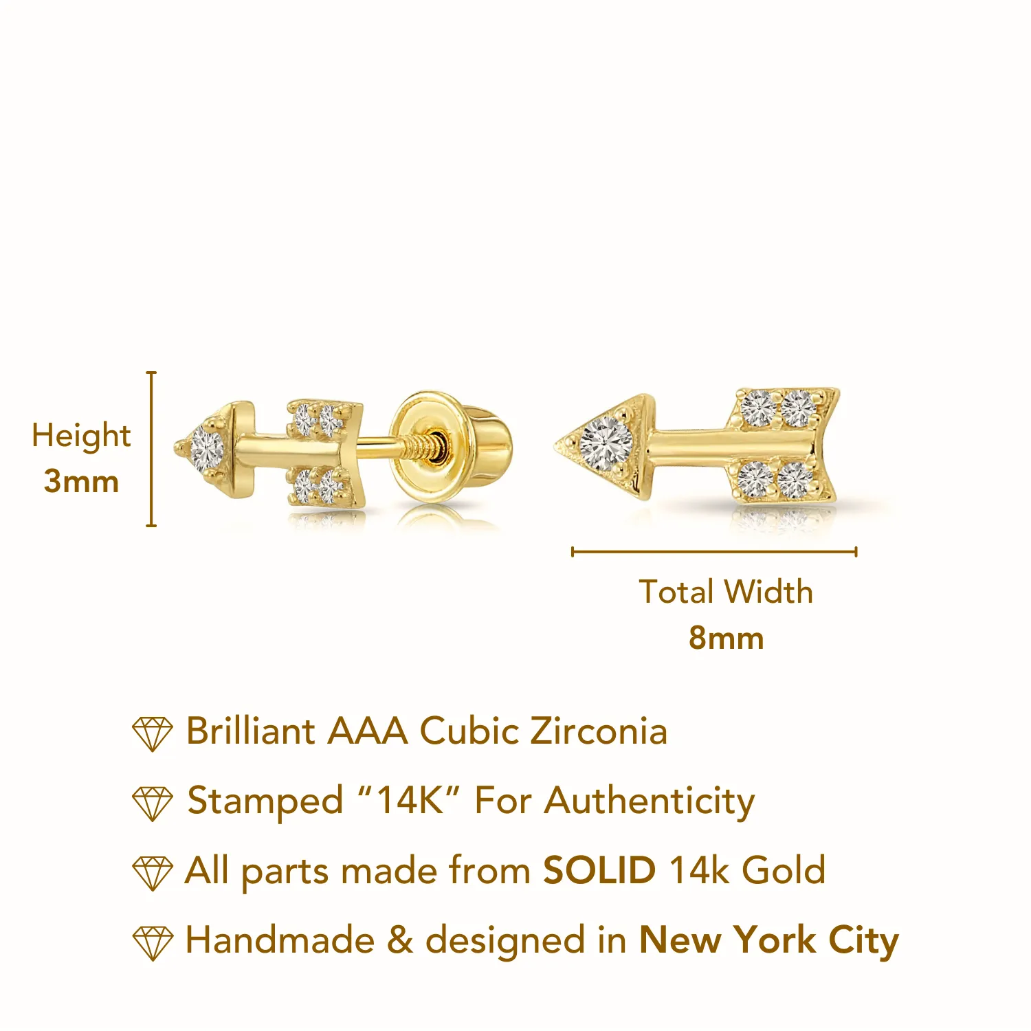 14k Solid Yellow Gold Tiny CZ Arrow Studs, With Screw on Screwbacks