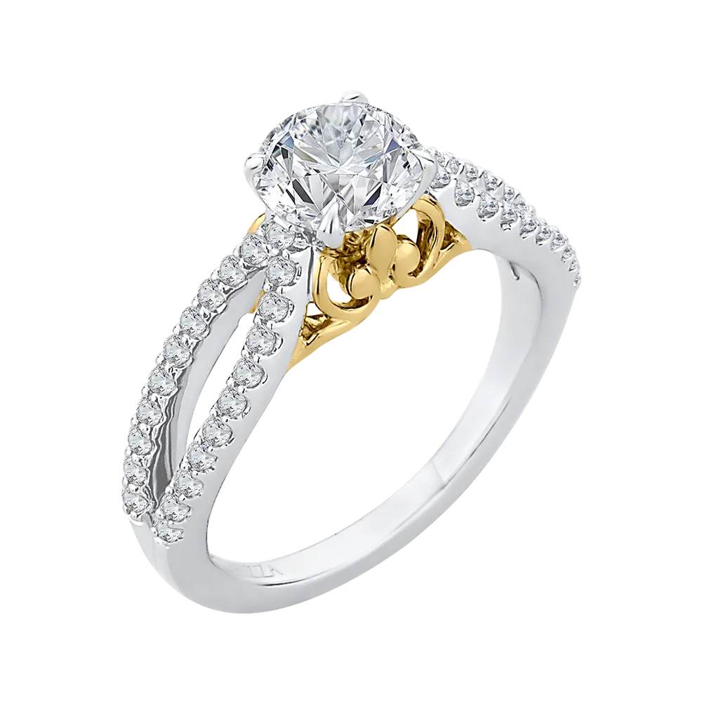 14K Two Tone Gold Round Diamond Engagement Ring with Split Shank (Semi Mount)