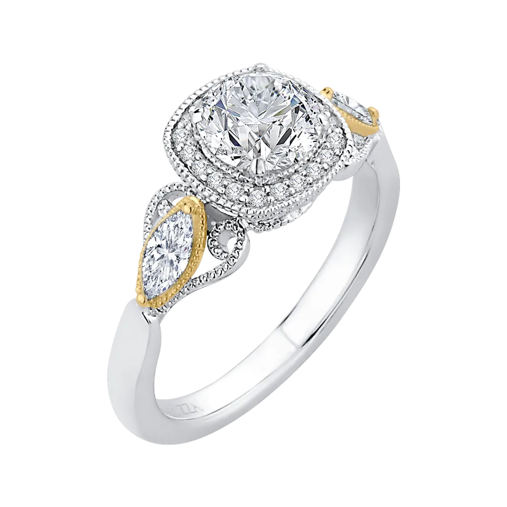 14K Two Tone Gold Round Diamond Halo Engagement Ring (Semi Mount)