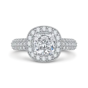 14K White Gold Cushion Diamond Halo Cathedral Style Engagement Ring (Semi Mount)