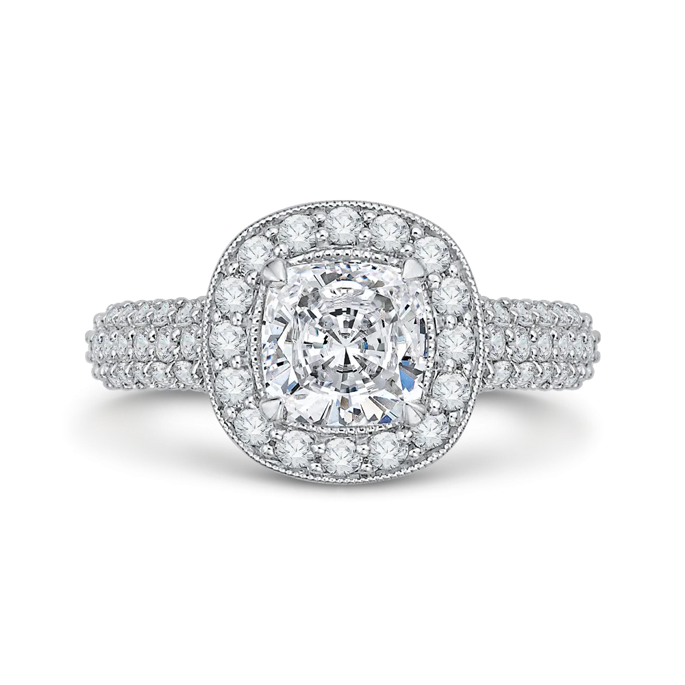 14K White Gold Cushion Diamond Halo Cathedral Style Engagement Ring (Semi Mount)