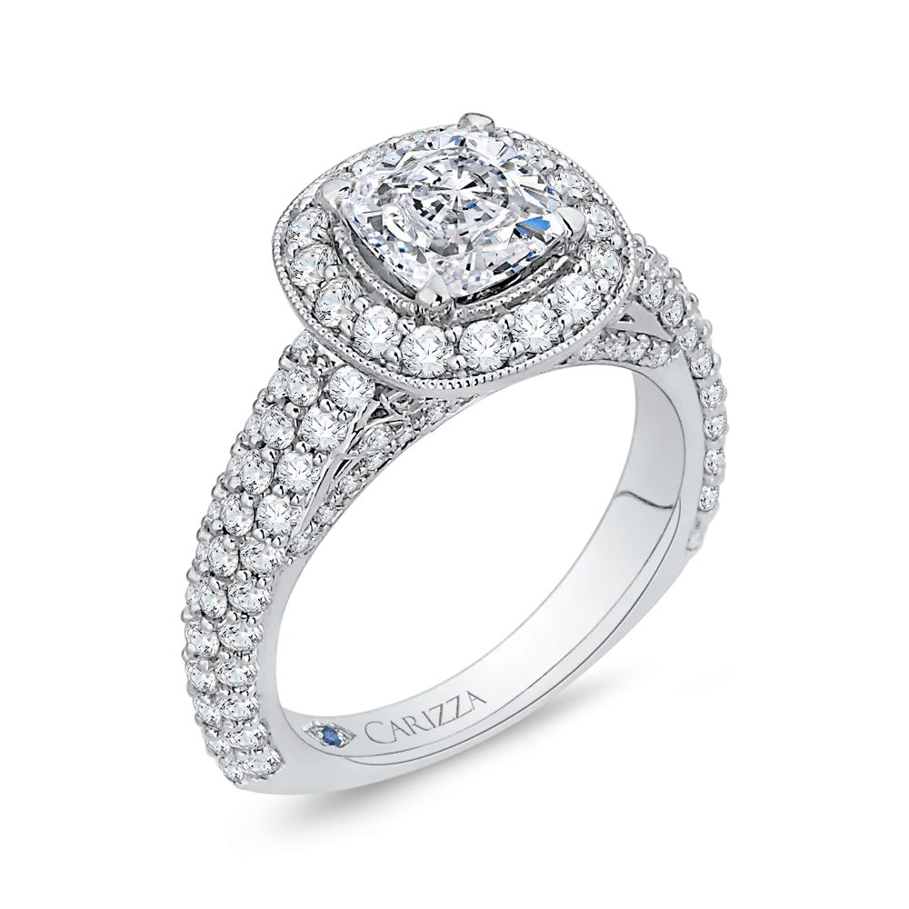 14K White Gold Cushion Diamond Halo Cathedral Style Engagement Ring (Semi Mount)