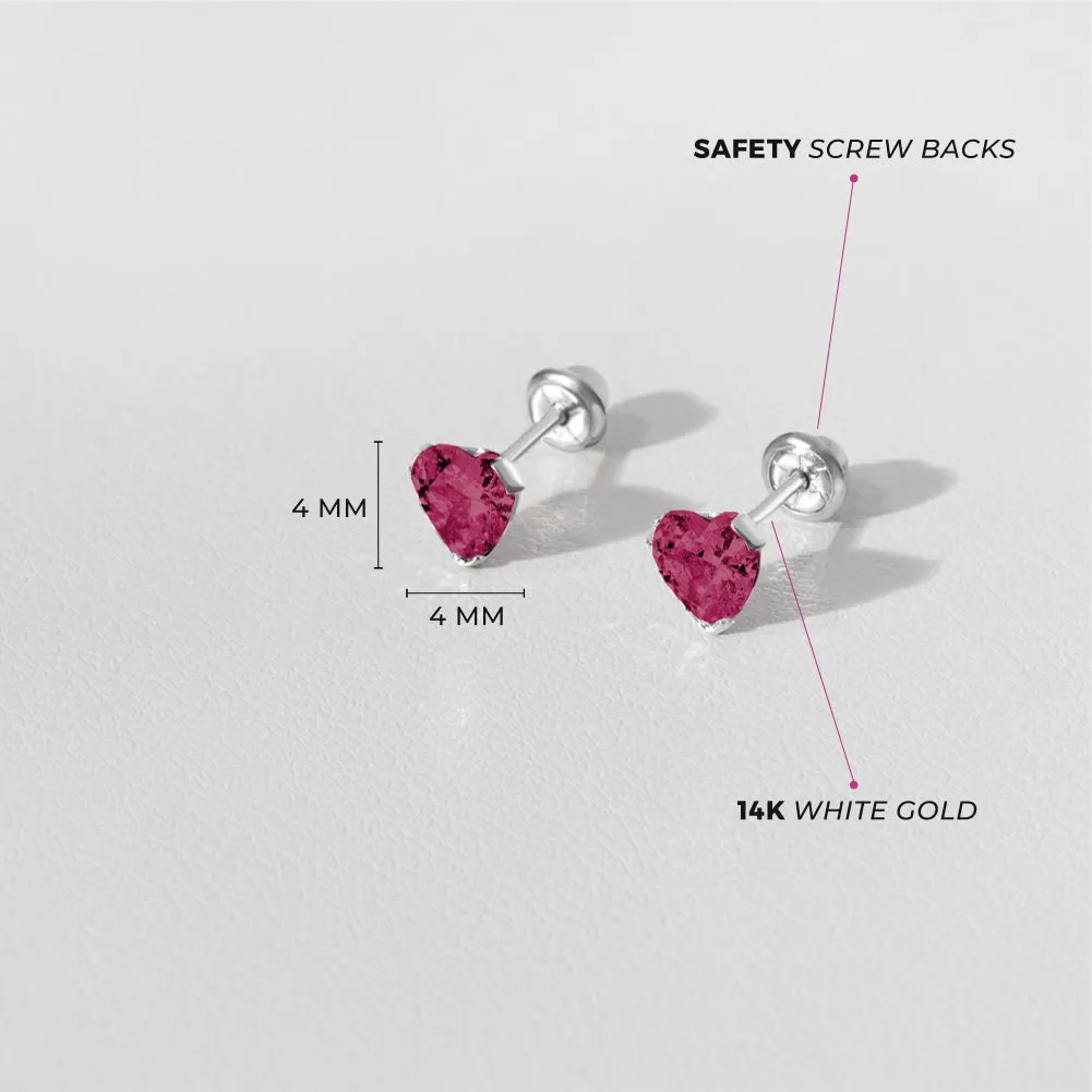 14k White Gold Delicate Cubic Zirconia Heart 4mm Kids / Children's / Girls Earrings Screw Back