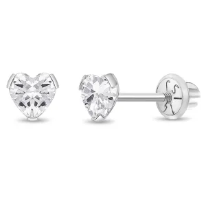 14k White Gold Delicate Cubic Zirconia Heart 4mm Kids / Children's / Girls Earrings Screw Back