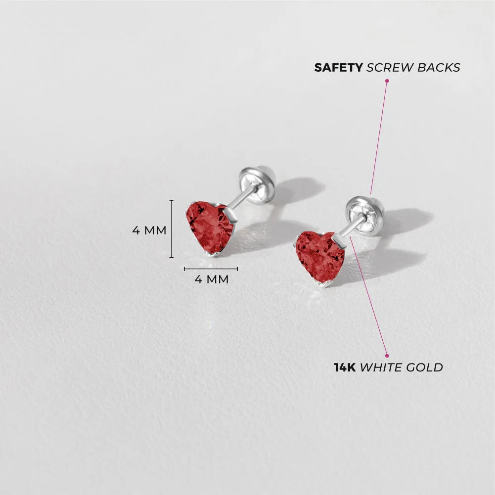 14k White Gold Delicate Cubic Zirconia Heart 4mm Kids / Children's / Girls Earrings Screw Back