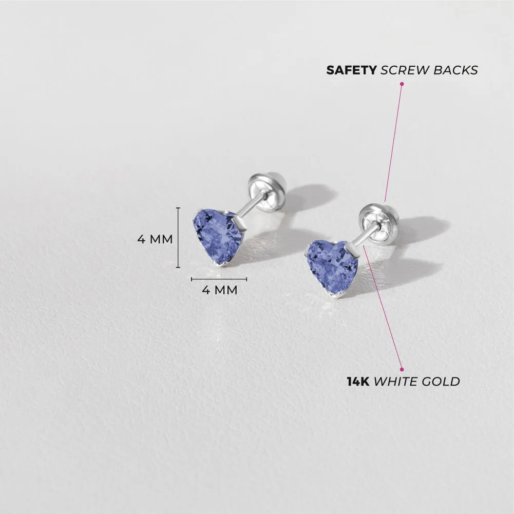 14k White Gold Delicate Cubic Zirconia Heart 4mm Kids / Children's / Girls Earrings Screw Back