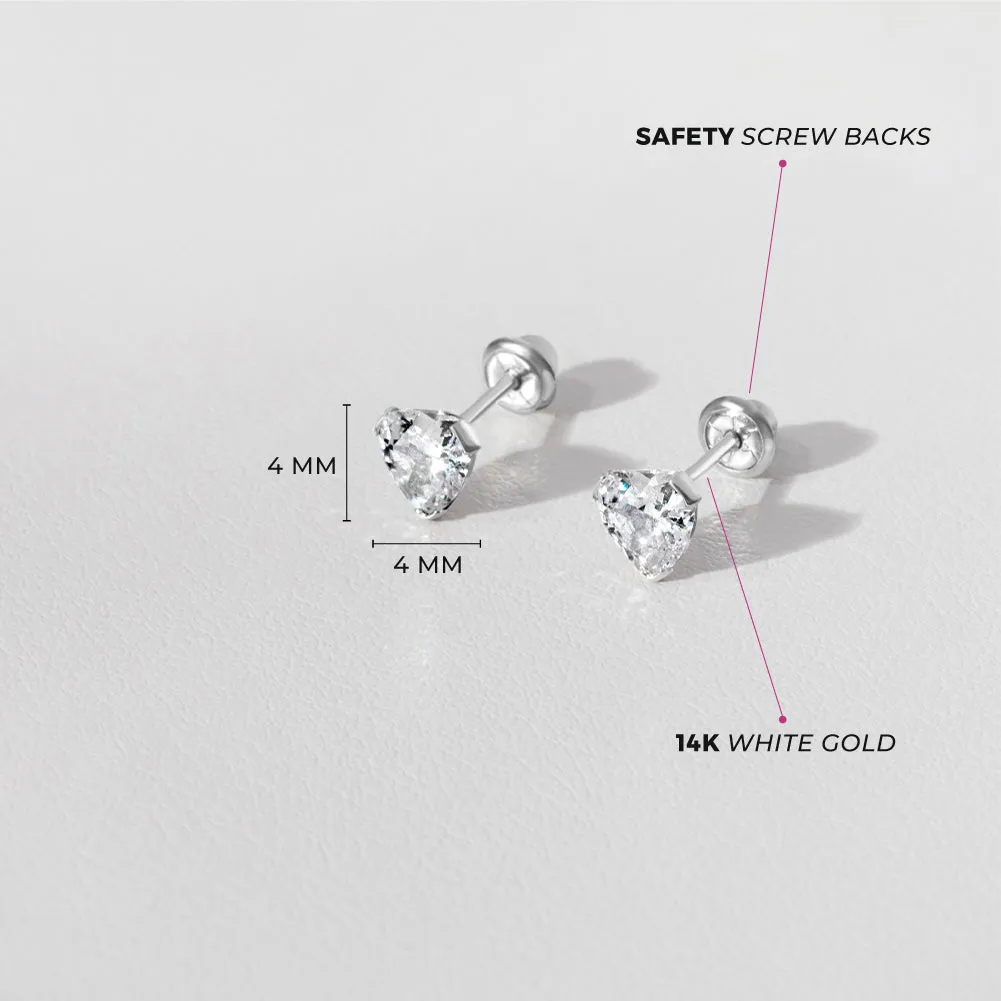 14k White Gold Delicate Cubic Zirconia Heart 4mm Kids / Children's / Girls Earrings Screw Back