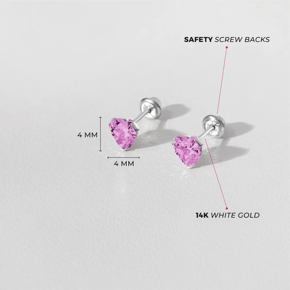 14k White Gold Delicate Cubic Zirconia Heart 4mm Kids / Children's / Girls Earrings Screw Back