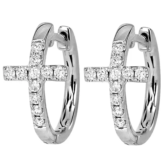 14K White Gold Diamond Cross Hoop Earrings