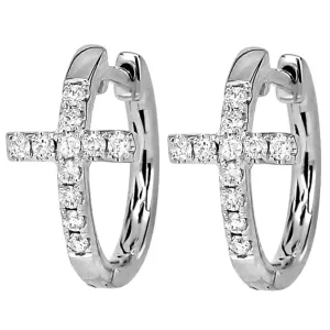 14K White Gold Diamond Cross Hoop Earrings