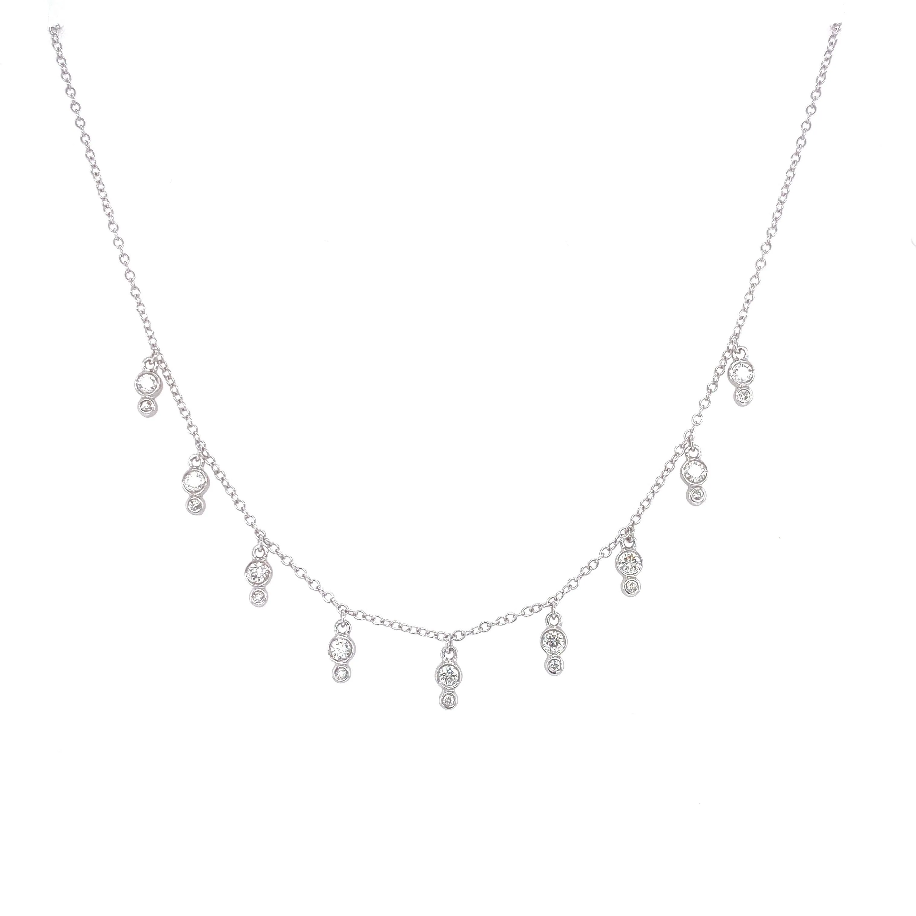 14K White Gold Diamond Double Bezel Drop Necklace