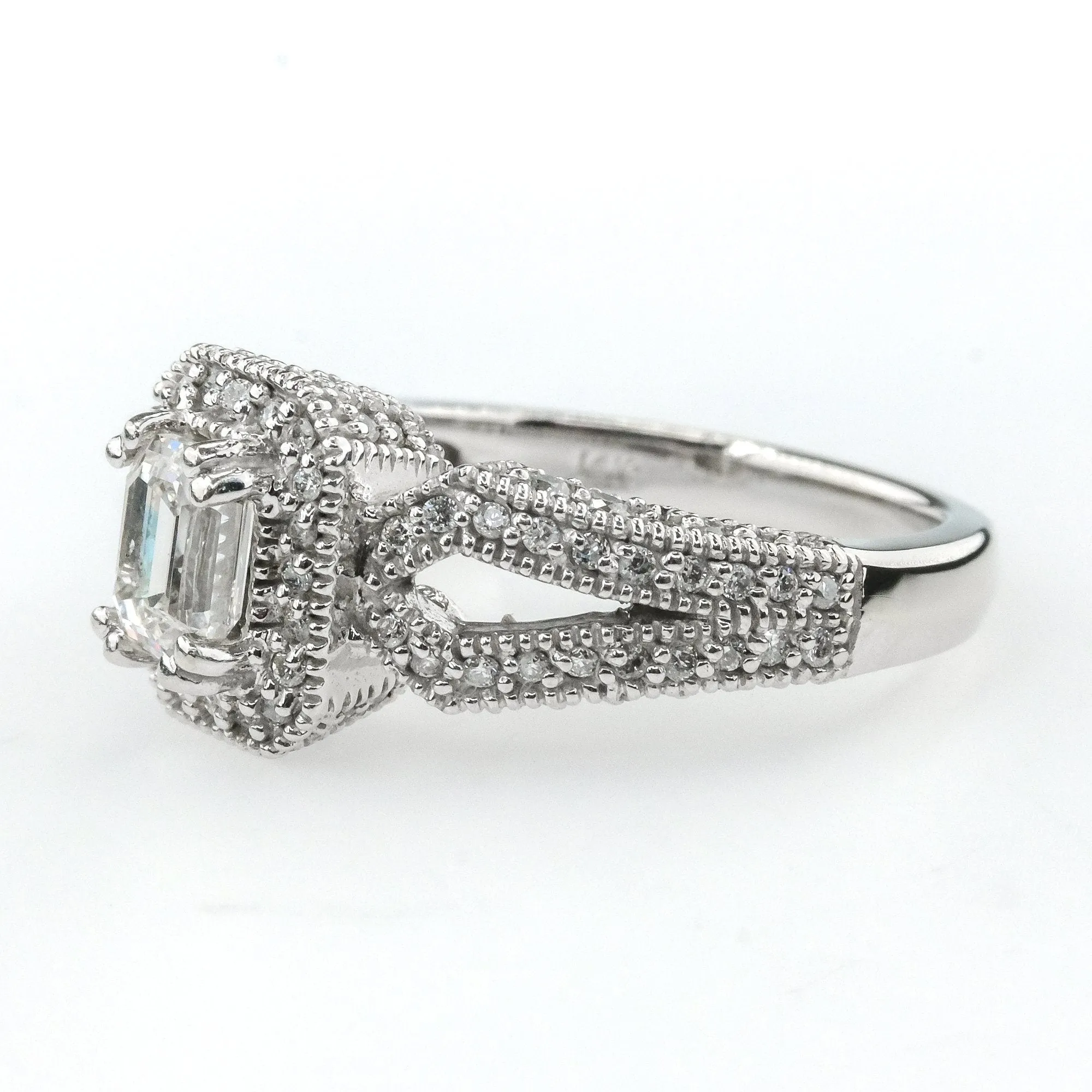 14K White Gold Emerald Cut Diamond Halo Split Shank Engagement Ring Size 6.25