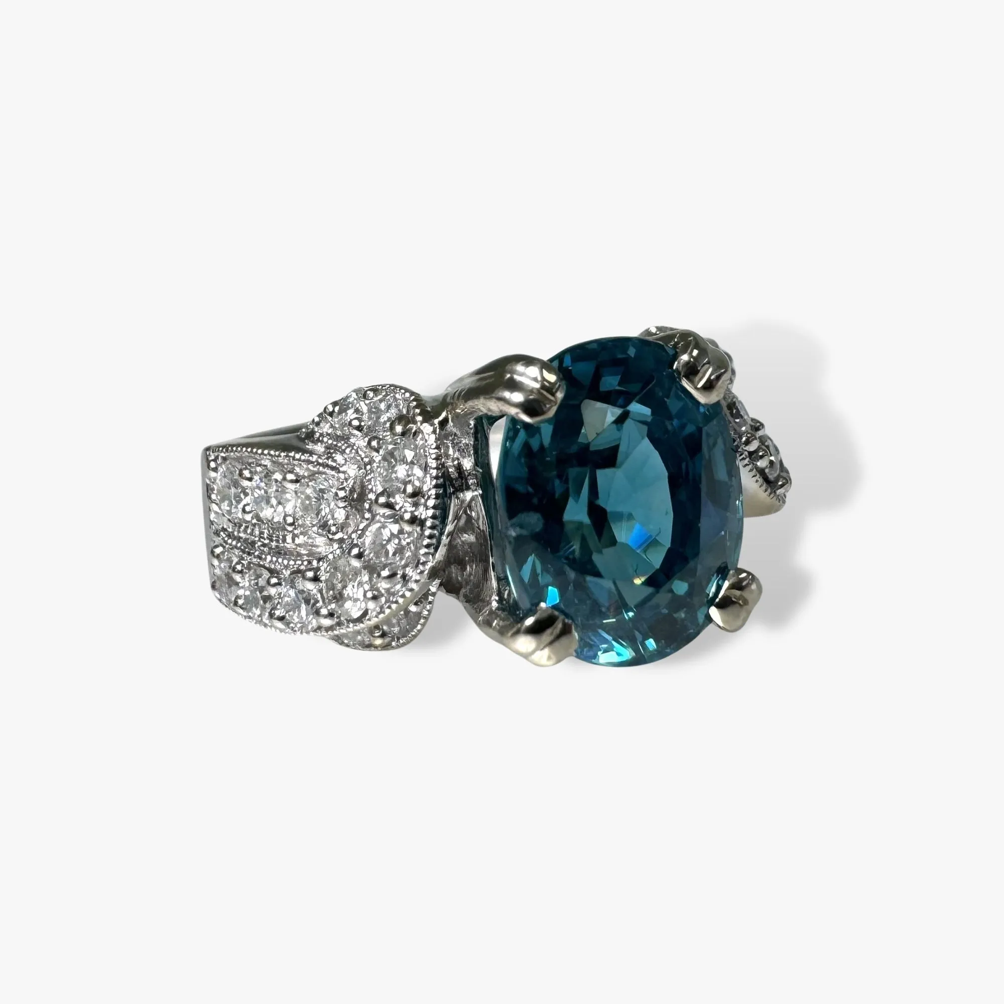 14k White Gold Oval Cut Blue Zircon and Diamond Vintage Ring