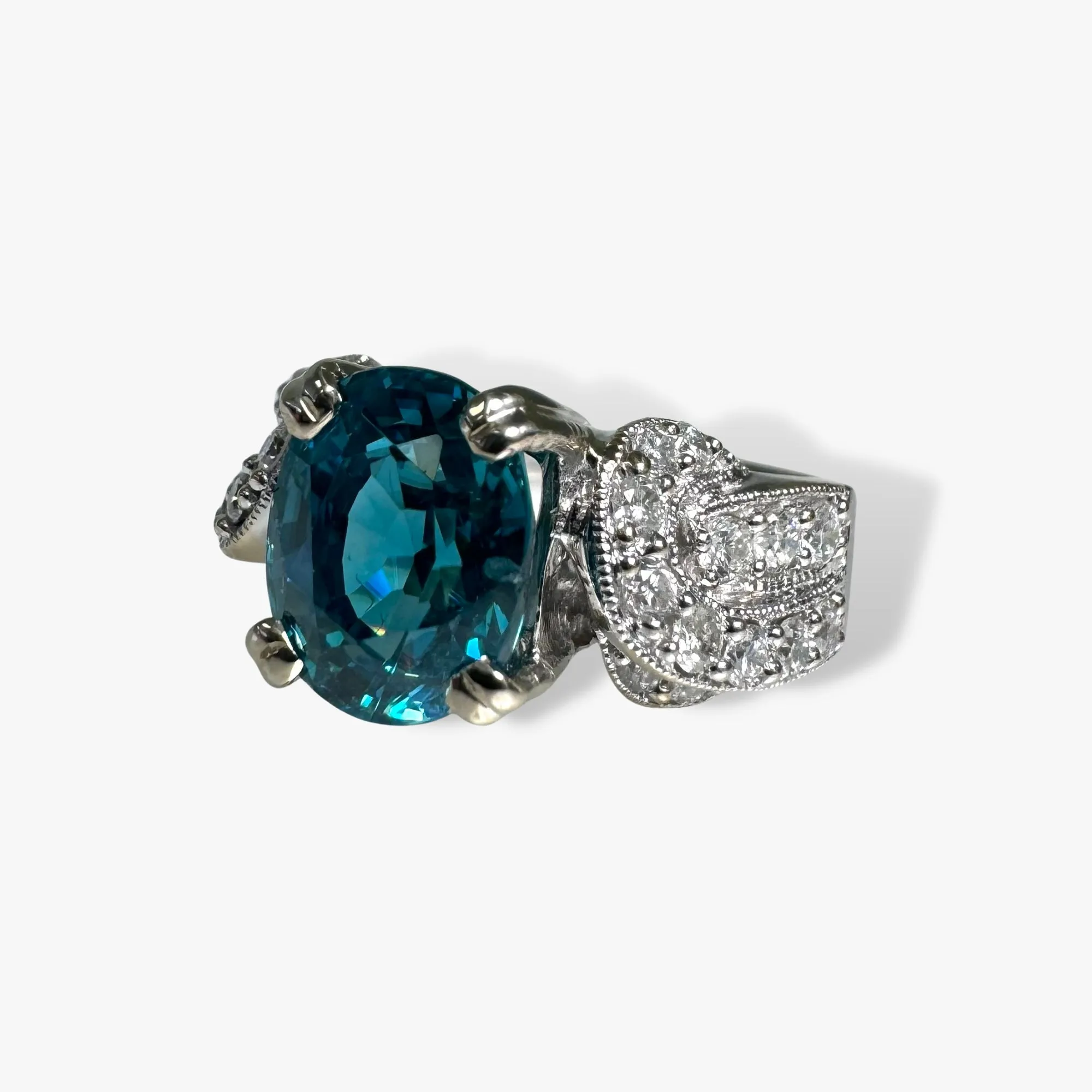 14k White Gold Oval Cut Blue Zircon and Diamond Vintage Ring