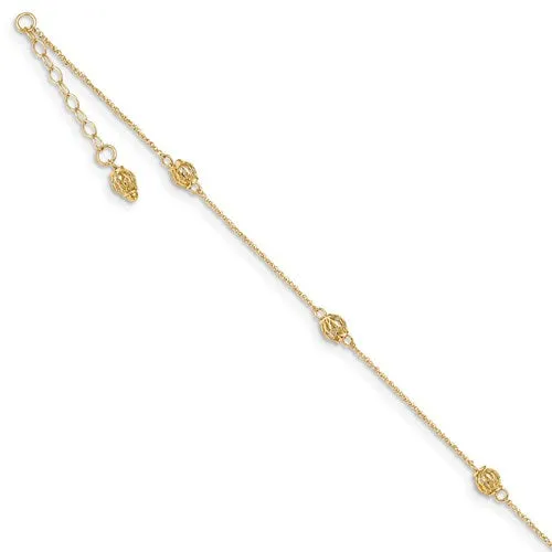 14k Yellow Gold 4.0mm Filigree Bead Anklet 10"