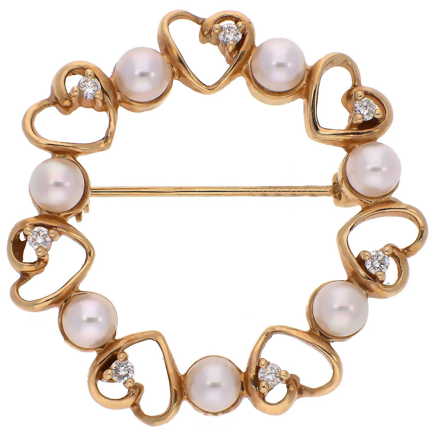 14K Yellow Gold Diamond and Pearl Brooch