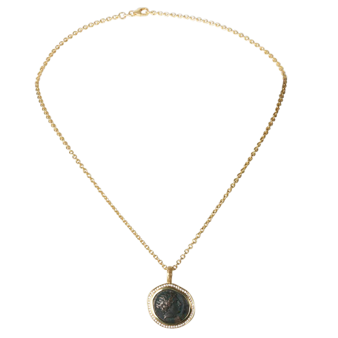 18K Yellow Gold Athena Coin Pendant 18" Chain