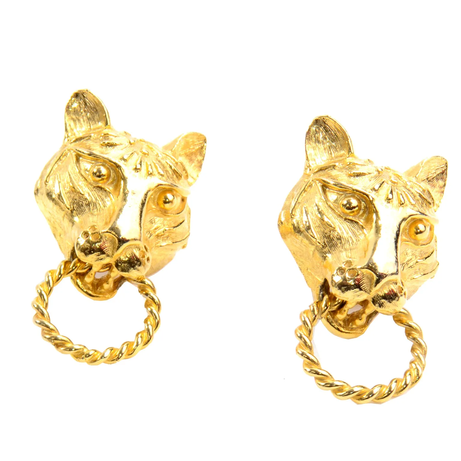 1960s Kenneth Lane Gold Panther or Lioness Head Door Knocker Earrings