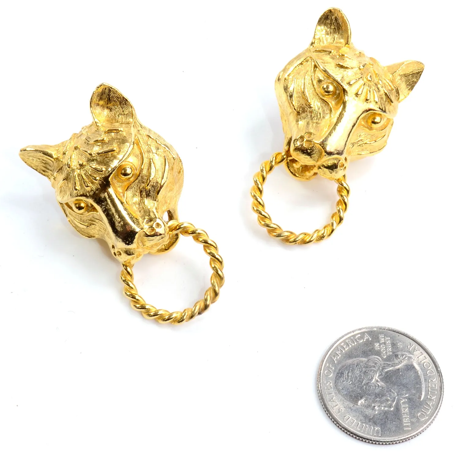 1960s Kenneth Lane Gold Panther or Lioness Head Door Knocker Earrings