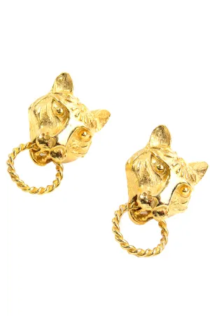 1960s Kenneth Lane Gold Panther or Lioness Head Door Knocker Earrings