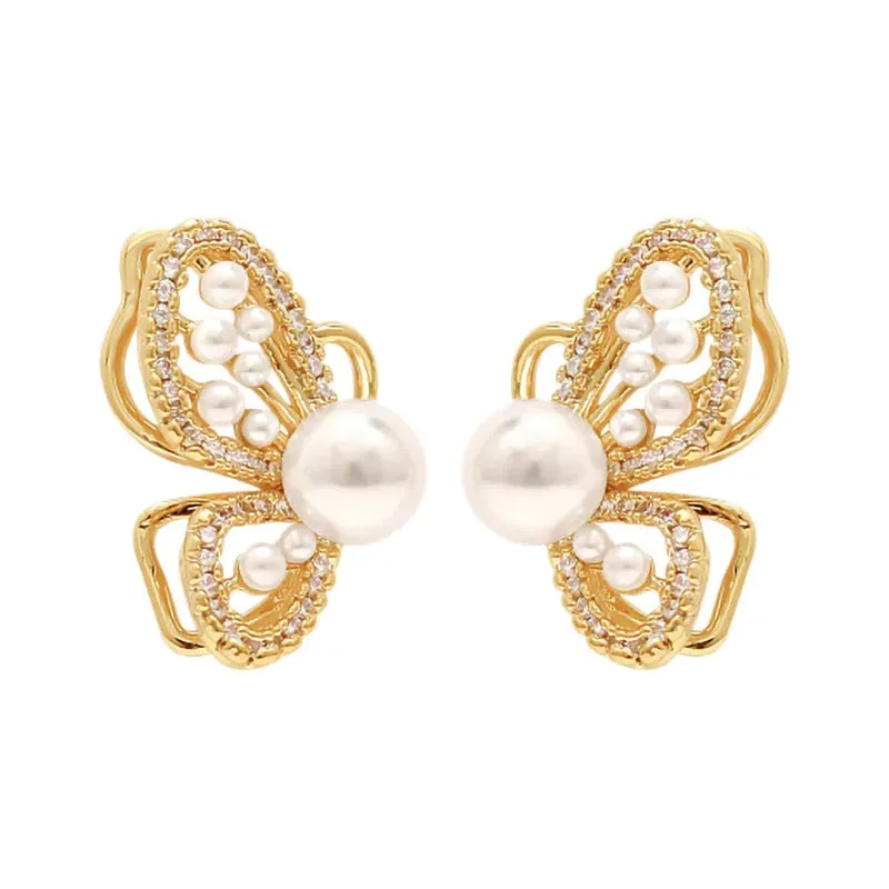 2022 New Personality Fashion Butterfly Golden Earrings Women Temperament Imitation Pearl Inlaid Rhinestones Shiny Earrings