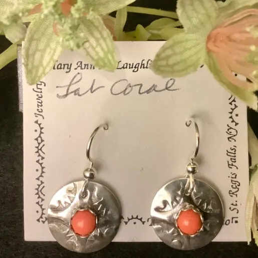 5/8" Disc Drop Earrings w Lab Created Coral Stones