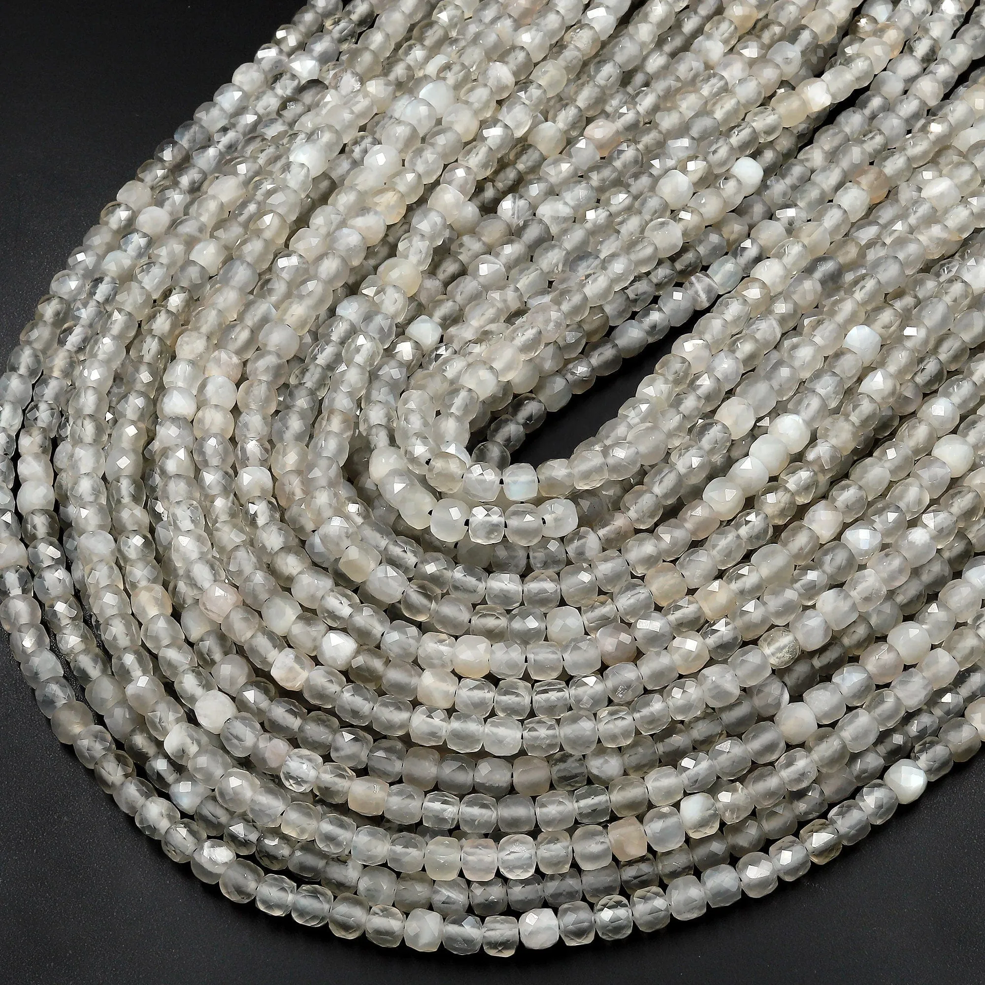 AAA Chatoyant Natural Silvery Gray Moonstone Faceted 4mm Cube Gemstone Beads 15.5" Strand