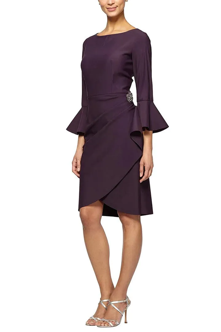 Alex Evenings round neck bell sleeve embellished brooch cascade ruffle side solid scuba crepe dress