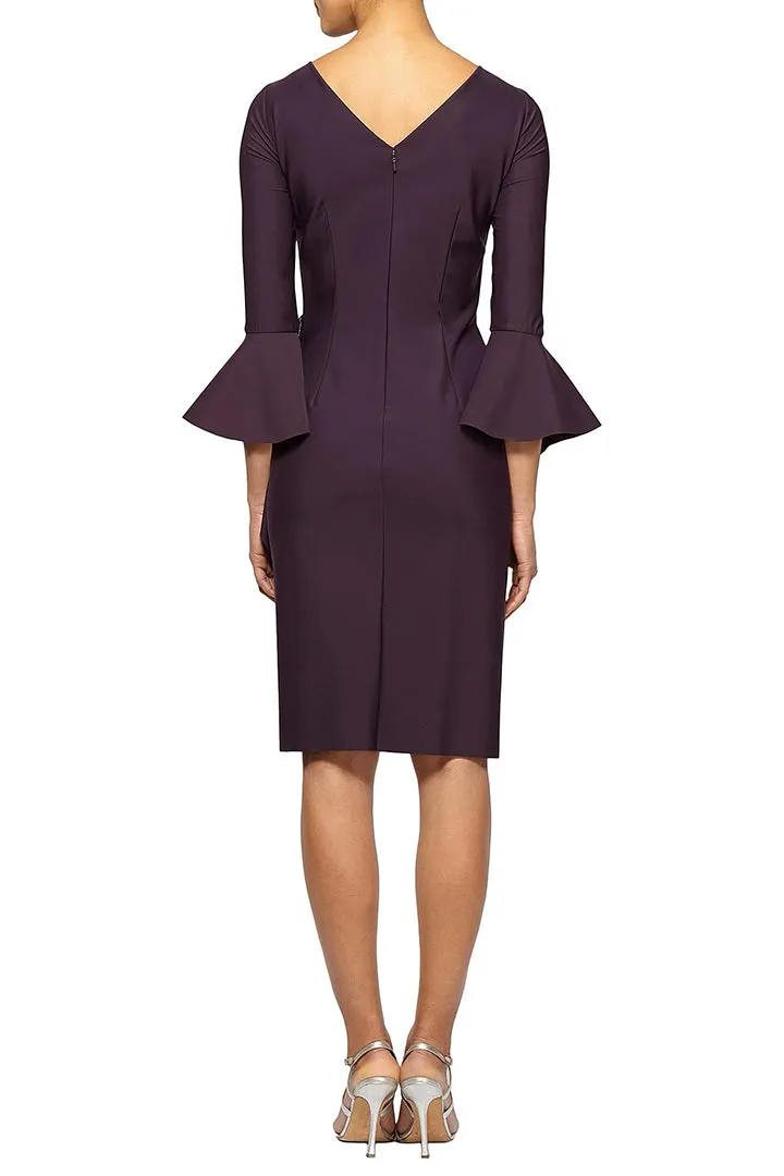 Alex Evenings round neck bell sleeve embellished brooch cascade ruffle side solid scuba crepe dress