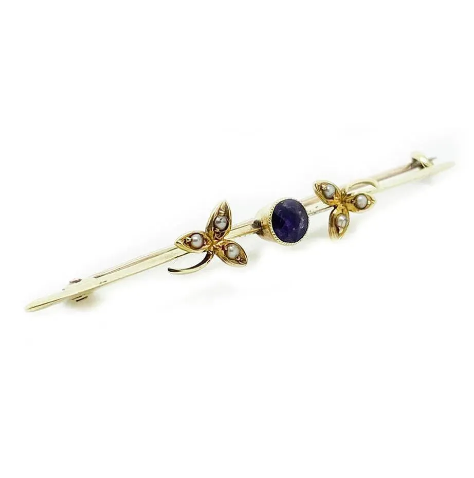 Antique Edwardian Amethyst 15ct Bar Brooch