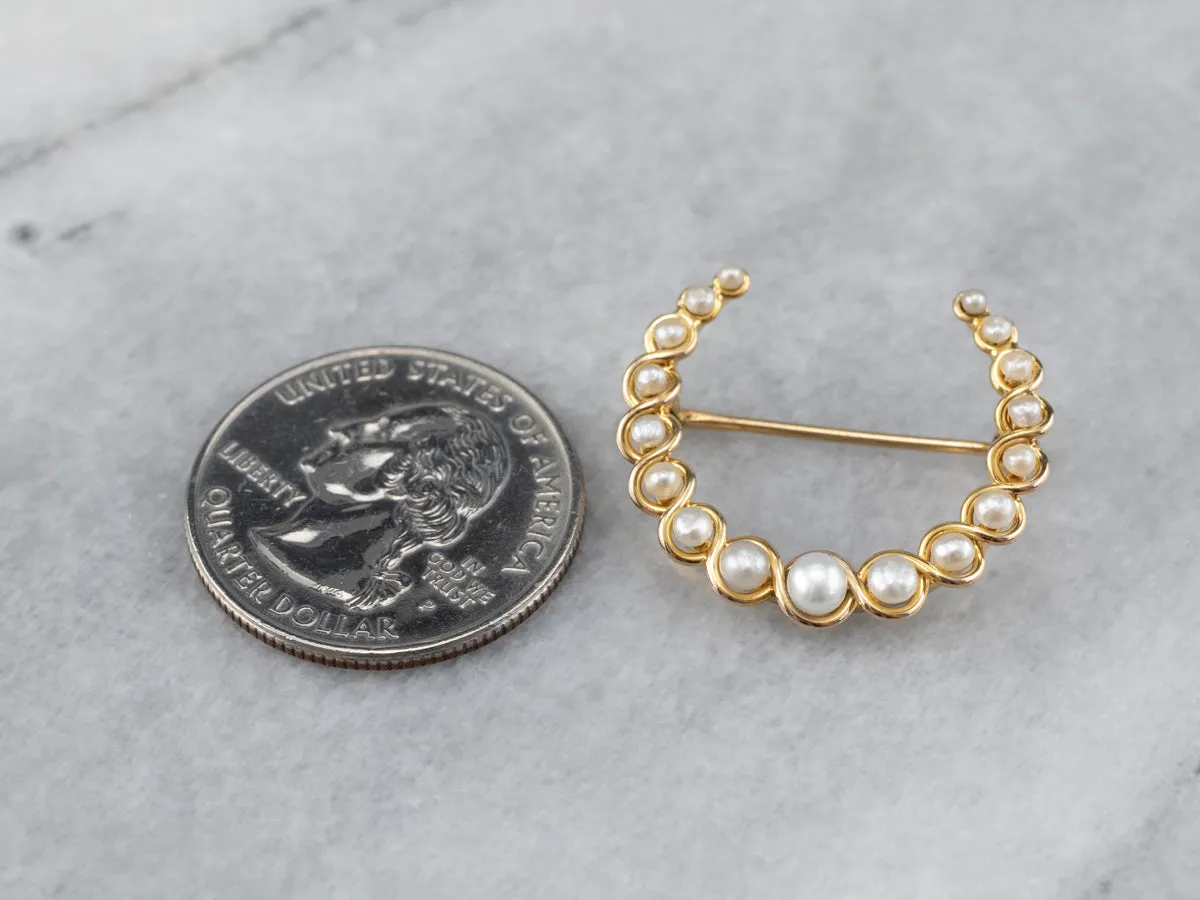 Antique Gold Pearl Crescent Moon Brooch