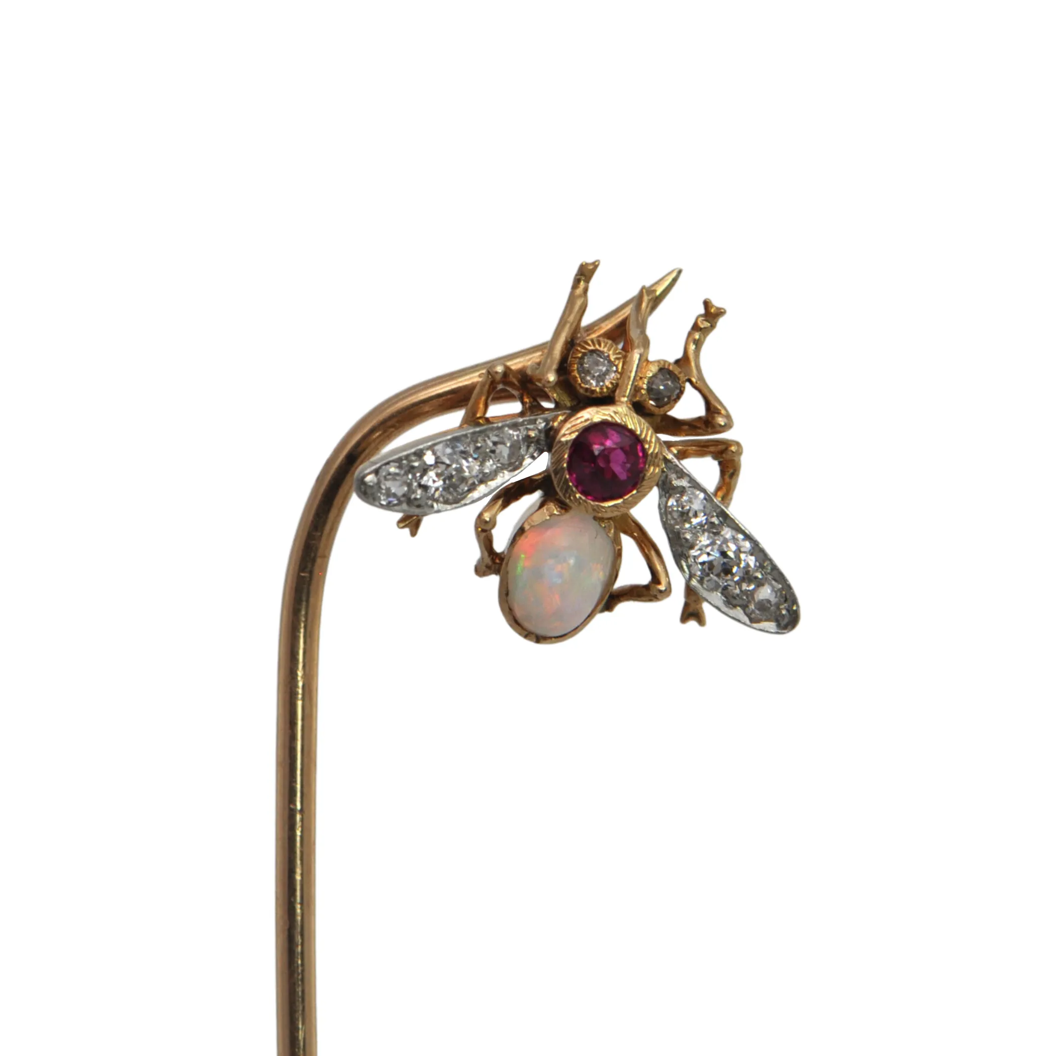 Antique Ruby, Opal, and Diamond 14k/18k Gold Fly Stick Pin