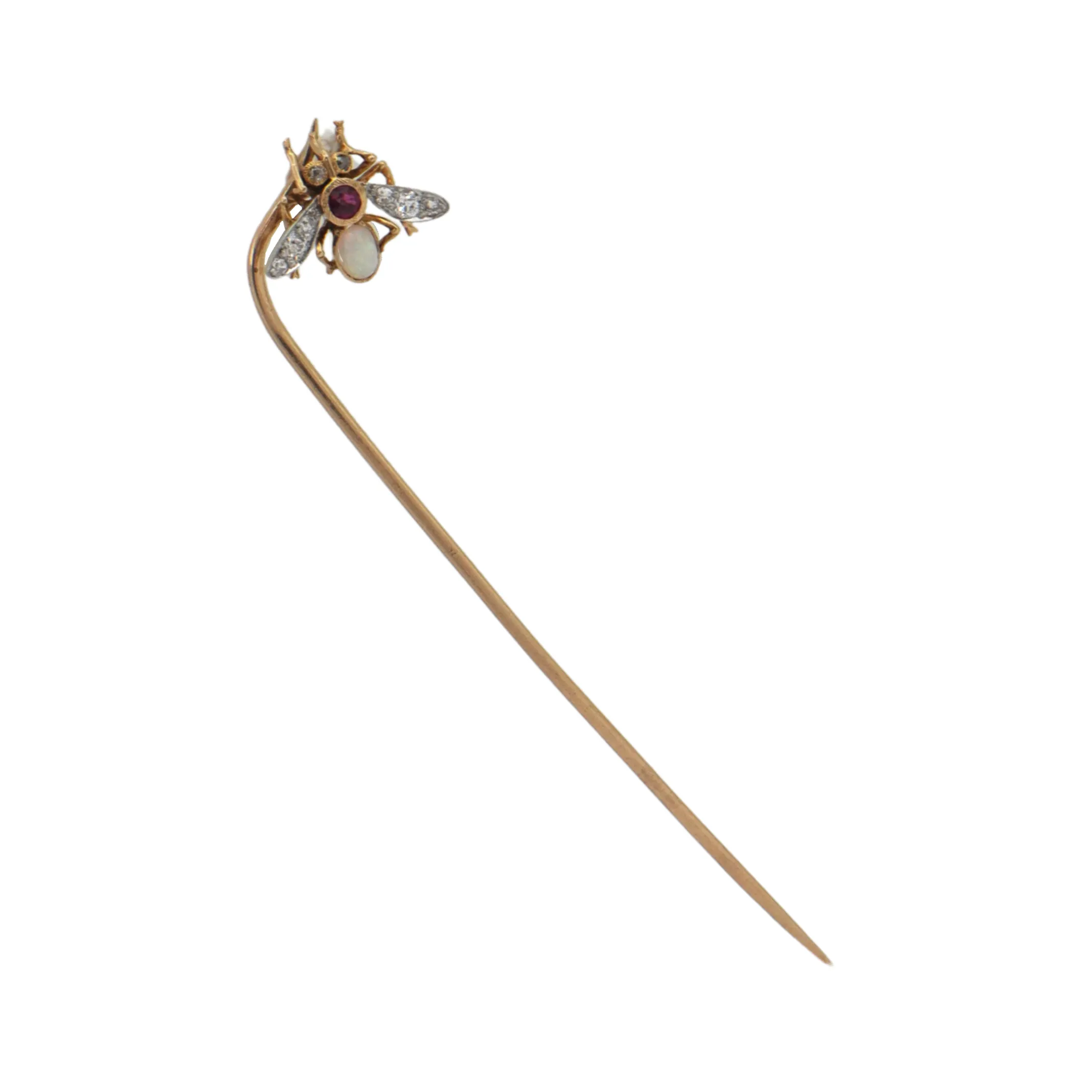 Antique Ruby, Opal, and Diamond 14k/18k Gold Fly Stick Pin