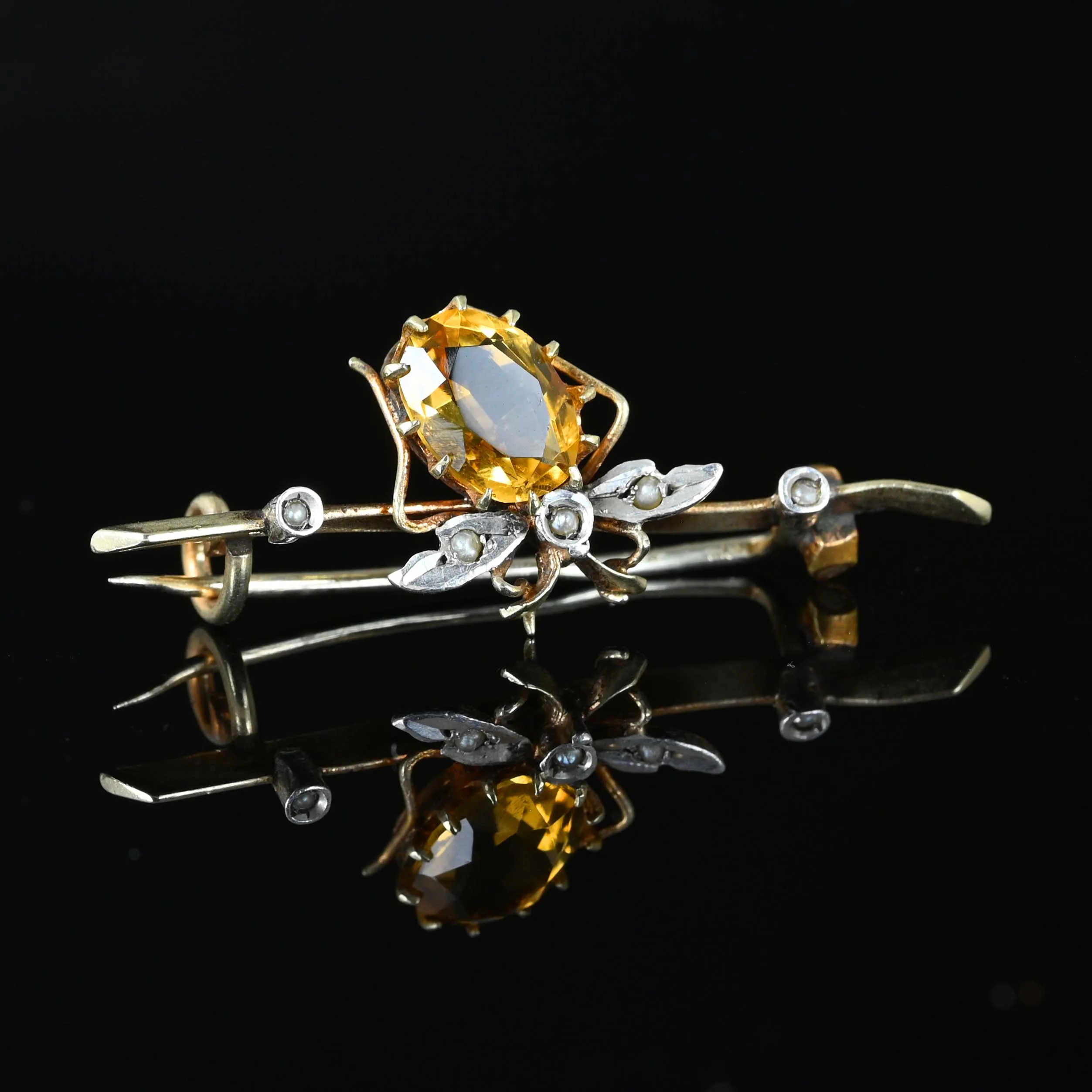 Antique Seed Pearl Citrine Insect Victorian Brooch