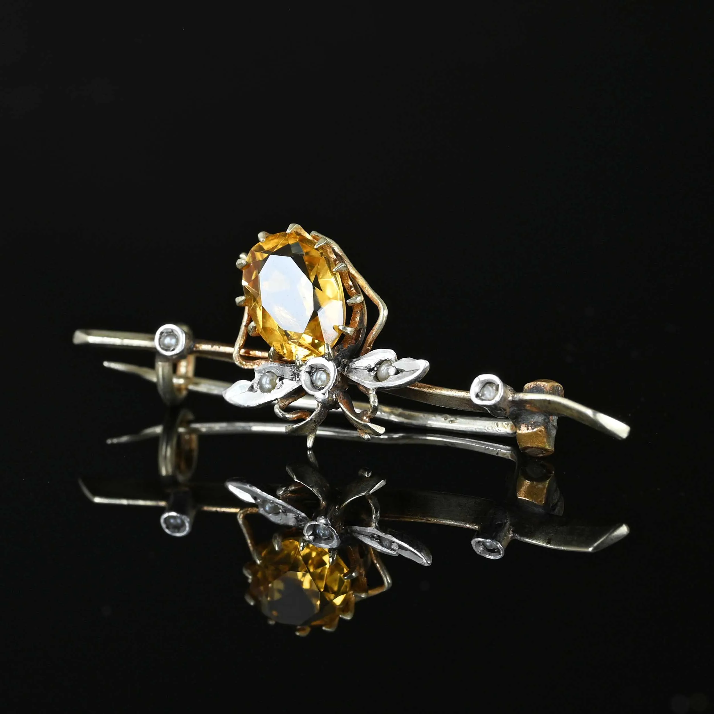 Antique Seed Pearl Citrine Insect Victorian Brooch