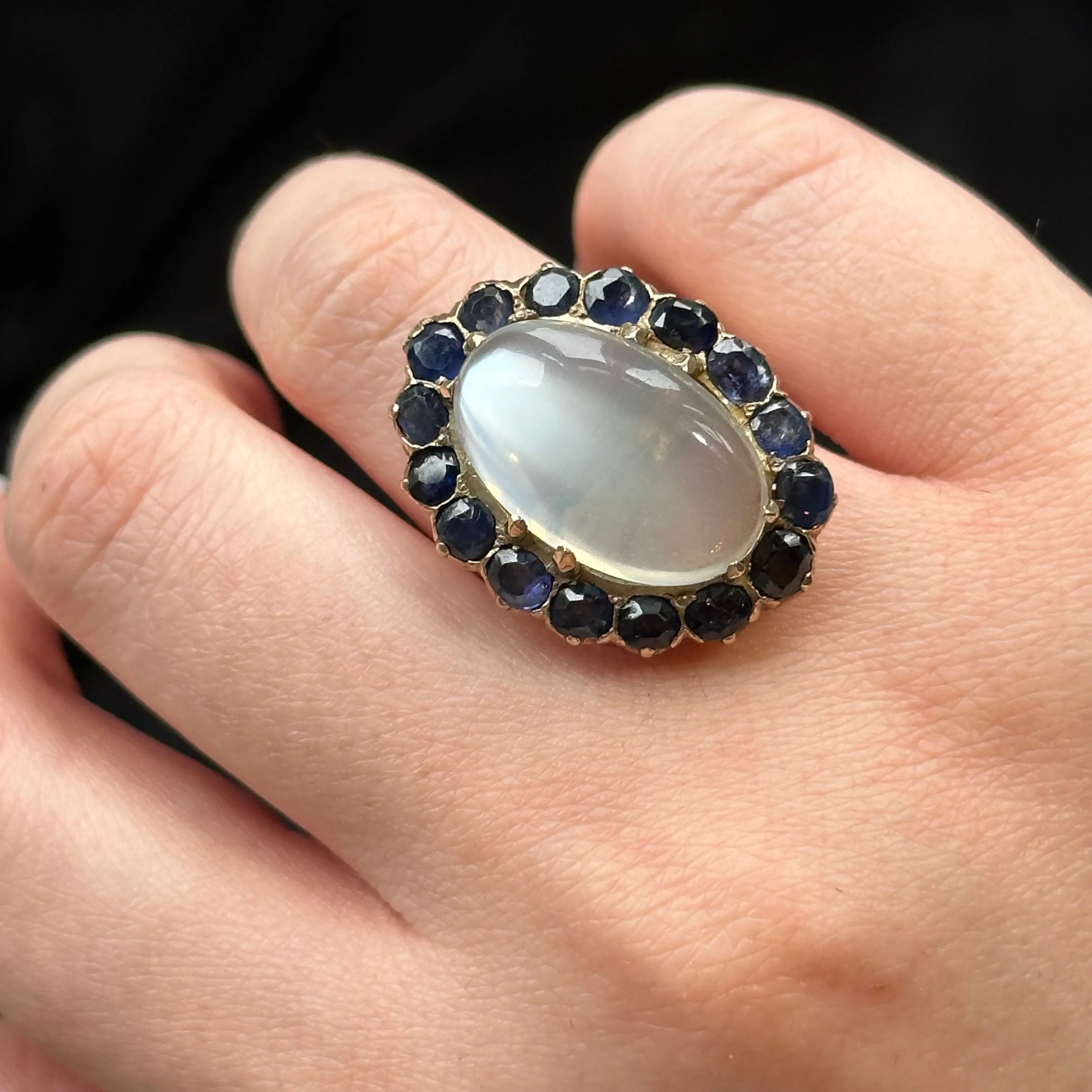 Antique Victorian Moonstone Sapphire Statement Ring 12ct Moonstone