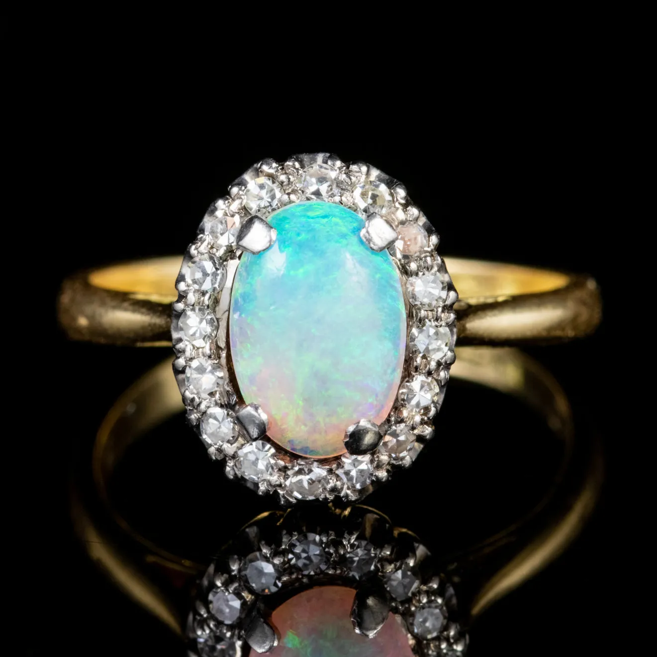 Antique Victorian Opal Diamond Cluster Ring 18Ct Gold Platinum Circa 1900