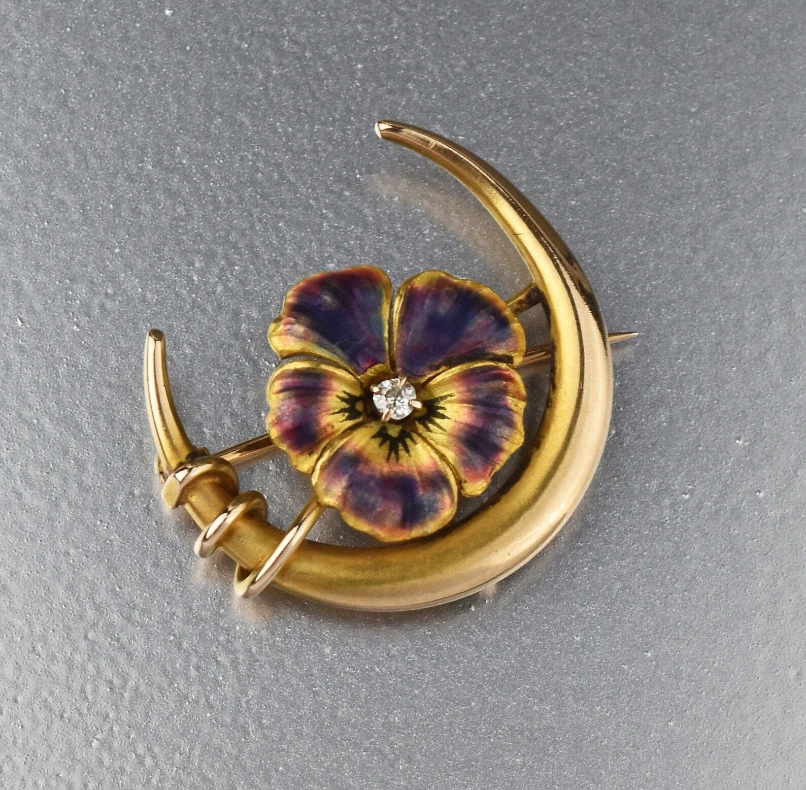 Art Nouveau 14K Gold Diamond Enamel Pansy Crescent Moon Brooch