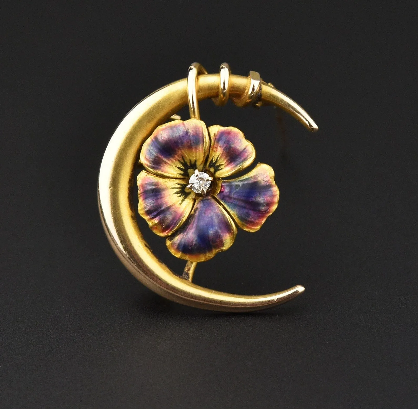 Art Nouveau 14K Gold Diamond Enamel Pansy Crescent Moon Brooch