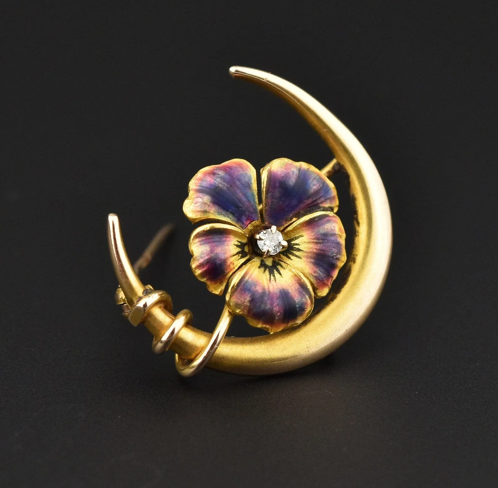 Art Nouveau 14K Gold Diamond Enamel Pansy Crescent Moon Brooch